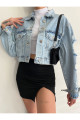 Yırtık Detay Crop Denim Ceket Yırtık Detay Crop Denim Ceket