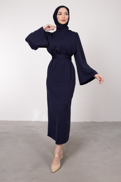 Volan Kol Kuşaklı Tesettür Elbise Lacivert Volan Kol Kuşaklı Tesettür Elbise Lacivert