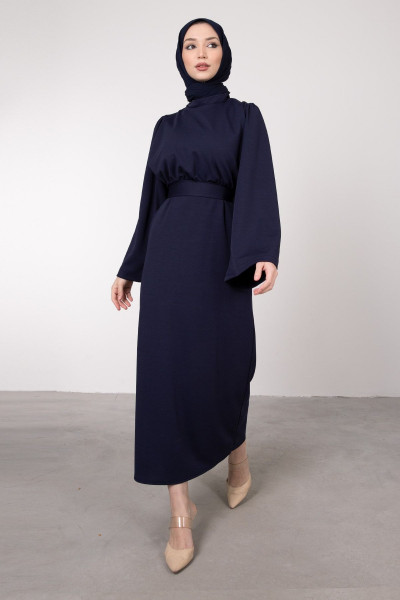 Volan Kol Kuşaklı Tesettür Elbise Lacivert Volan Kol Kuşaklı Tesettür Elbise Lacivert