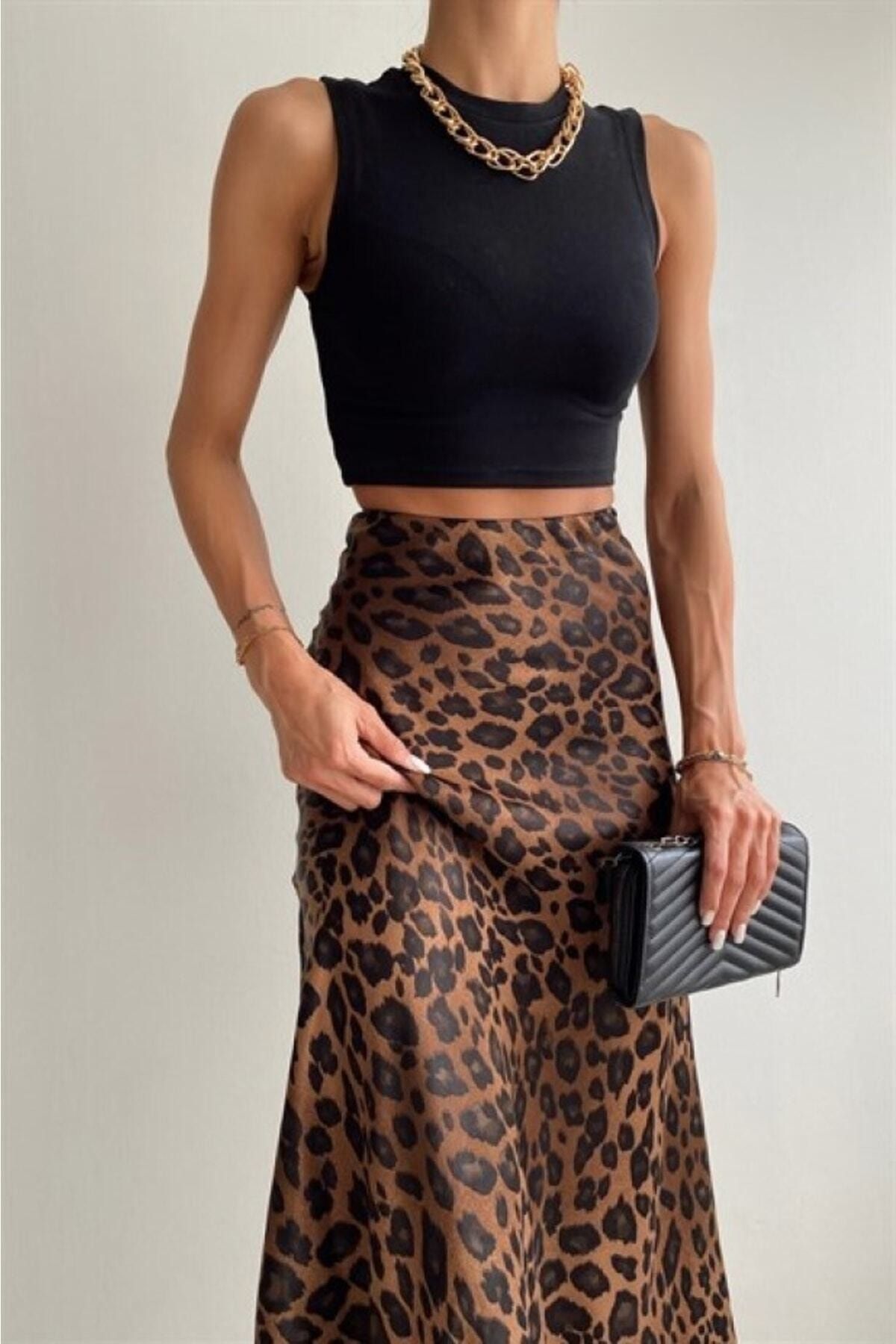 Leopar Desen Saten Midi Boy Kahverengi Etek Leopar Desen Saten Midi Boy Kahverengi Etek