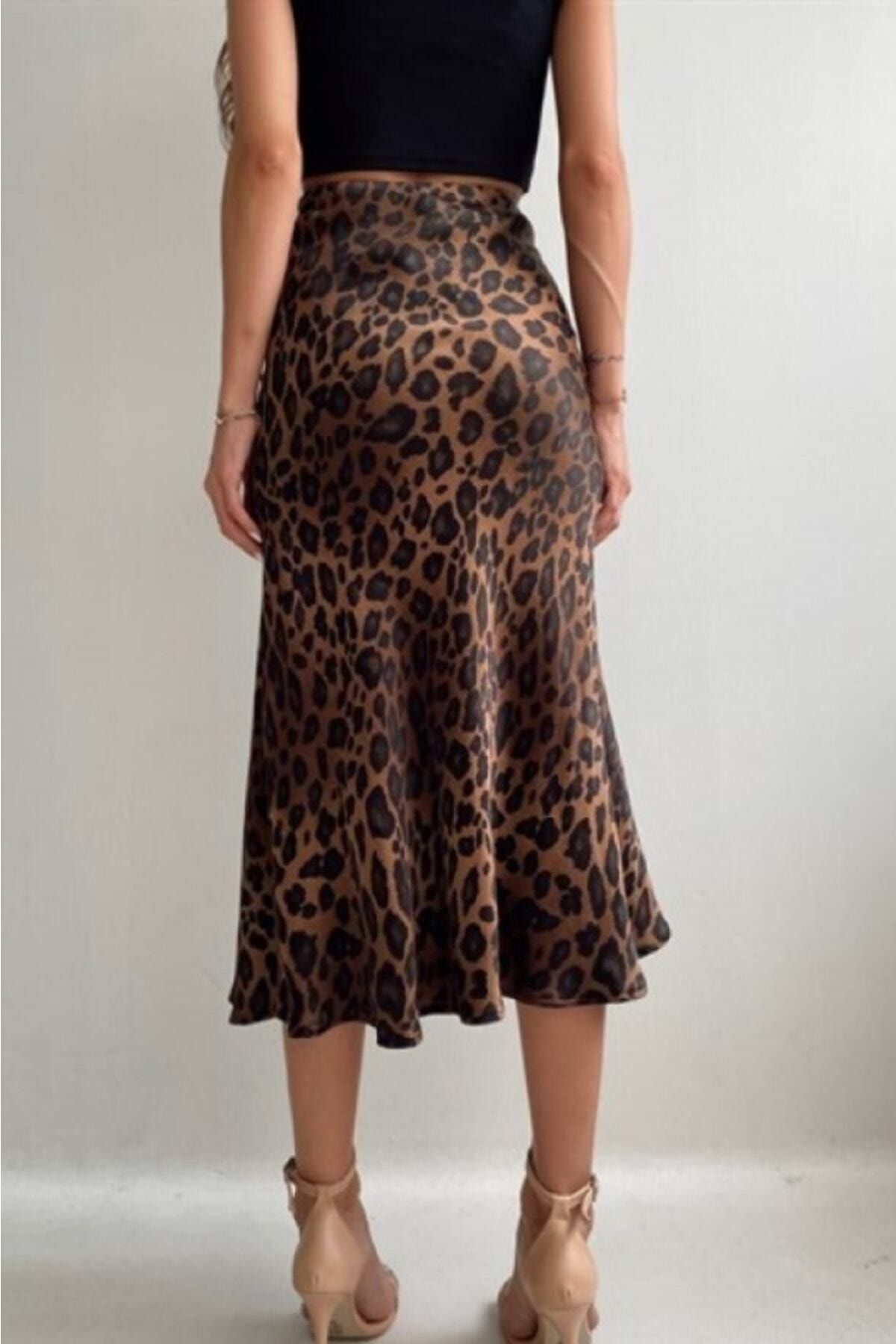 Leopar Desen Saten Midi Boy Kahverengi Etek Leopar Desen Saten Midi Boy Kahverengi Etek