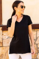 Kadın Siyah V Yaka Yanı Yırtmaçlı Asimetrik Penye Pamuk Örme T-shirt Tişört Tunik