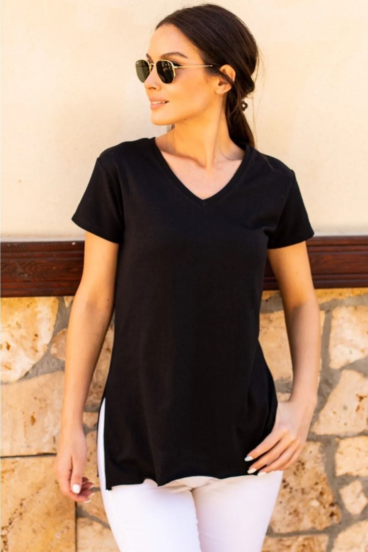 Kadın Siyah V Yaka Yanı Yırtmaçlı Asimetrik Penye Pamuk Örme T-shirt Tişört Tunik