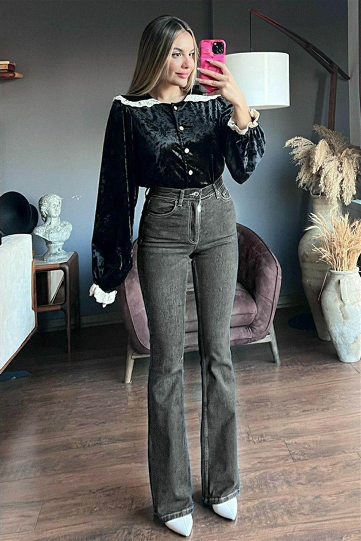 Kayla's Flare Füme Ispanyol Paça Kot Pantolon Yüksek Bel Flare Jeans Toparlayıcı Extra Rahat Kayla's Flare Füme Ispanyol Paça Kot Pantolon Yüksek Bel Flare Jeans Toparlayıcı Extra Rahat