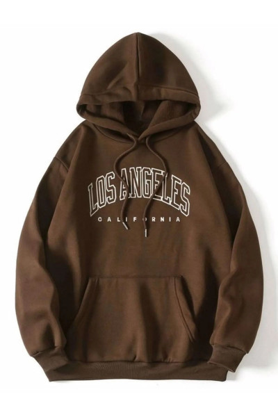Unisex Los Angeles Baskılı Kapüşonlu Oversize Kahverengi Sweatshirt Unisex Los Angeles Baskılı Kapüşonlu Oversize Kahverengi Sweatshirt