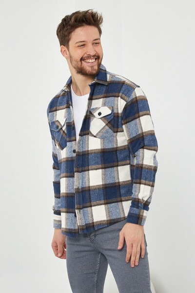 Mavi Kahverengi Erkek Slim Fit Düğmeli Yaka Çift Cepli Oduncu Ekose Gömlek Mavi Kahverengi Erkek Slim Fit Düğmeli Yaka Çift Cepli Oduncu Ekose Gömlek
