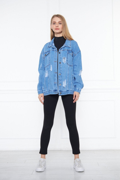 Oversize Yıpratma Detaylı Kot Ceket Oversize Yıpratma Detaylı Kot Ceket