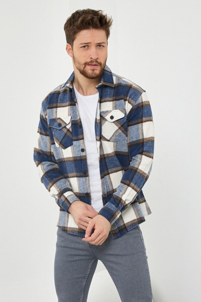 Mavi Kahverengi Erkek Slim Fit Düğmeli Yaka Çift Cepli Oduncu Ekose Gömlek Mavi Kahverengi Erkek Slim Fit Düğmeli Yaka Çift Cepli Oduncu Ekose Gömlek
