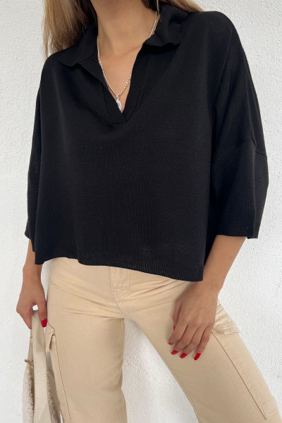 Kadın Siyah Polo Yaka Oversize Triko Bluz Kadın Siyah Polo Yaka Oversize Triko Bluz