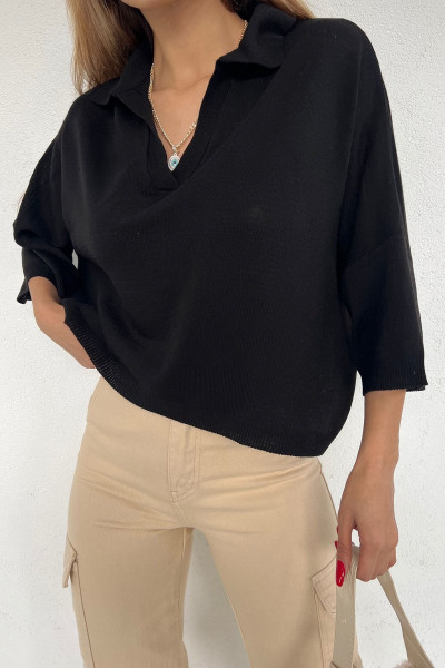 Kadın Siyah Polo Yaka Oversize Triko Bluz Kadın Siyah Polo Yaka Oversize Triko Bluz