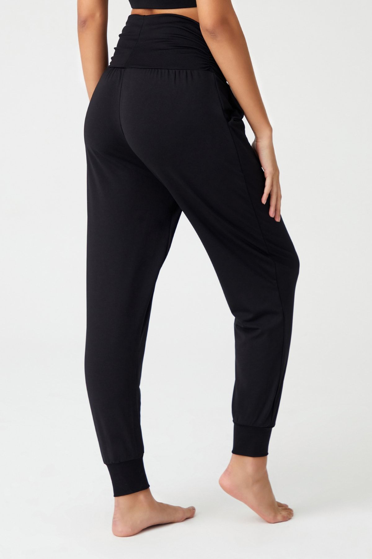 Siyah Beli Lastikli Şalvar Görünümlü Harem Pantolon Yoga Joggers