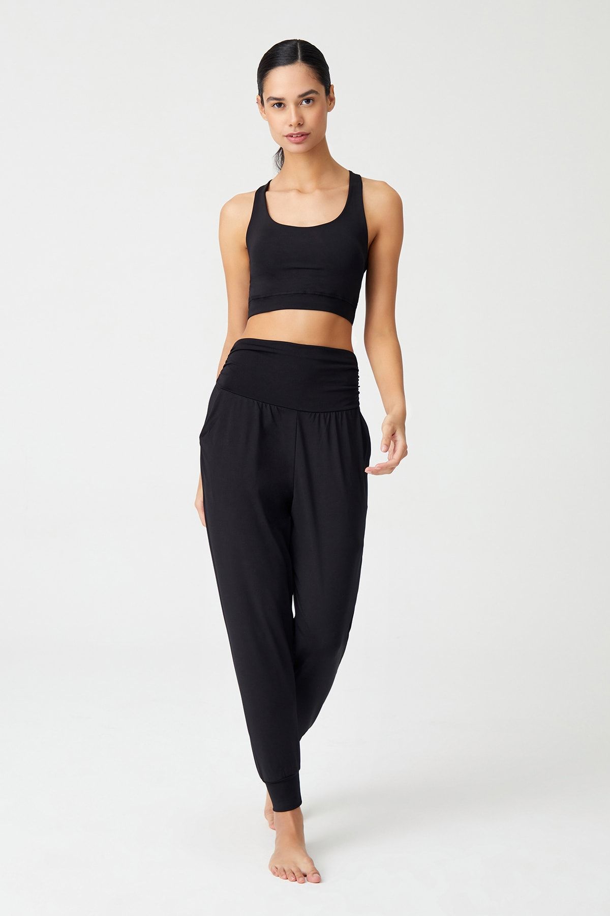 Siyah Beli Lastikli Şalvar Görünümlü Harem Pantolon Yoga Joggers