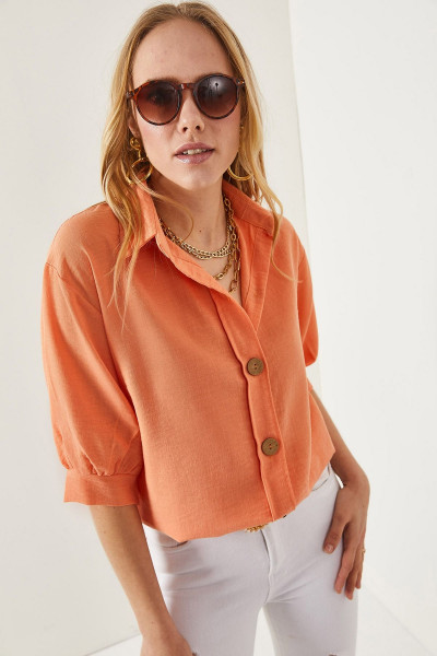 Kadın Somon Ahşap Düğmeli Truvakar Kol Keten Gömlek GML-19001095 Kadın Somon Ahşap Düğmeli Truvakar Kol Keten Gömlek GML-19001095