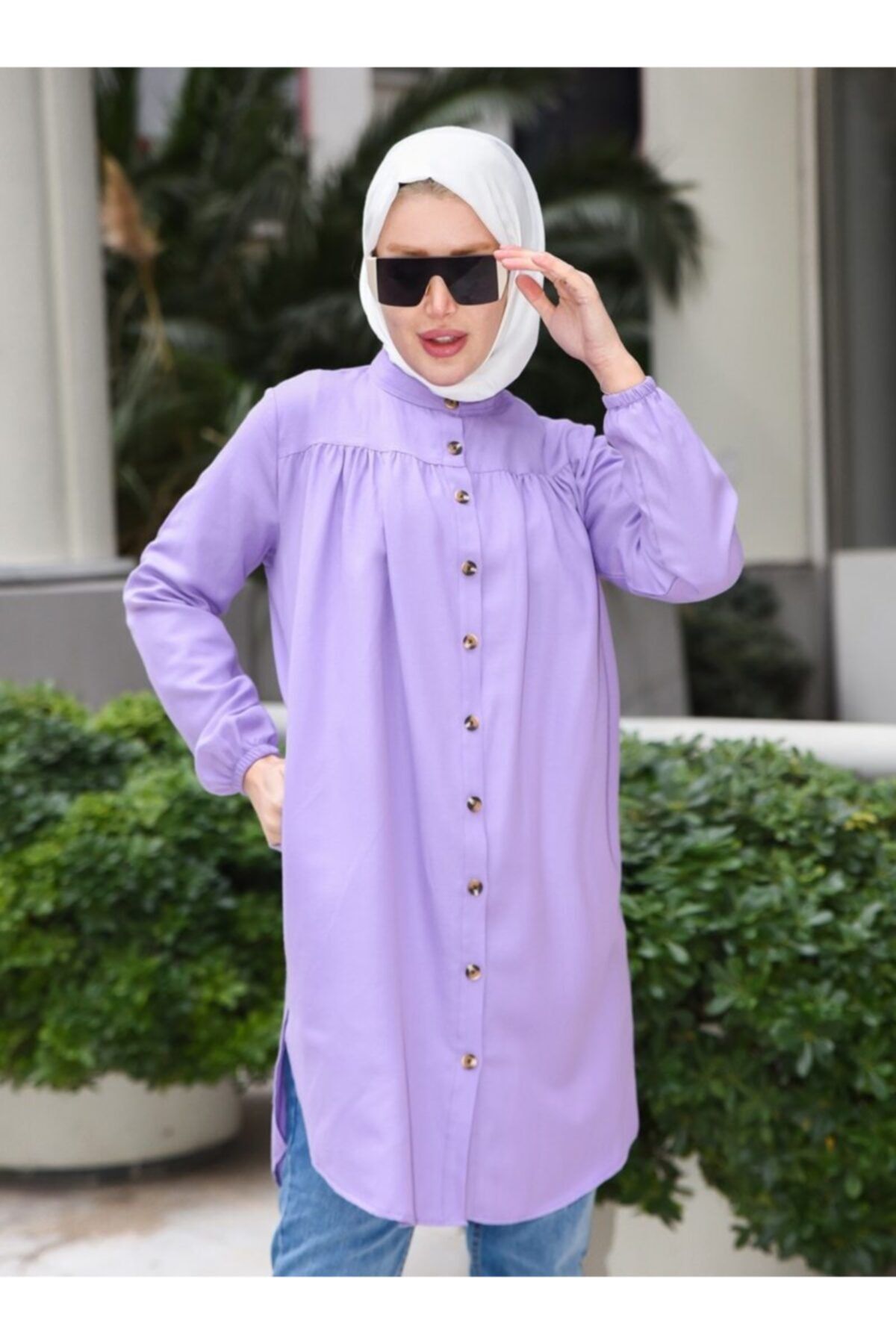 Lila Yandan Cepli Düğmeli Tunik Lila Yandan Cepli Düğmeli Tunik