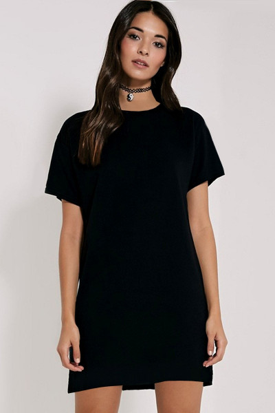 Kadın Siyah Düz, Baskısız Kısa Kollu Penye T-shirt Elbise Kadın Siyah Düz, Baskısız Kısa Kollu Penye T-shirt Elbise