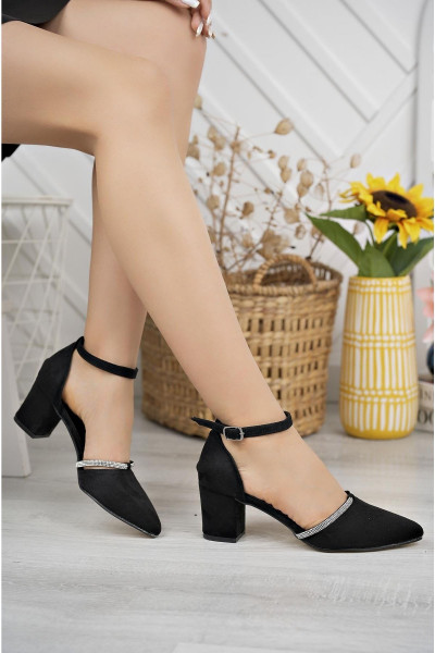 Kadın Siyah Süet Sivri 5 Cm Taşlı Yeni Klasik