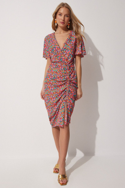 Kadın Pembe Çiçekli Anvelop Yaka Yazlik Elbise MC00162 Kadın Pembe Çiçekli Anvelop Yaka Yazlik Elbise MC00162