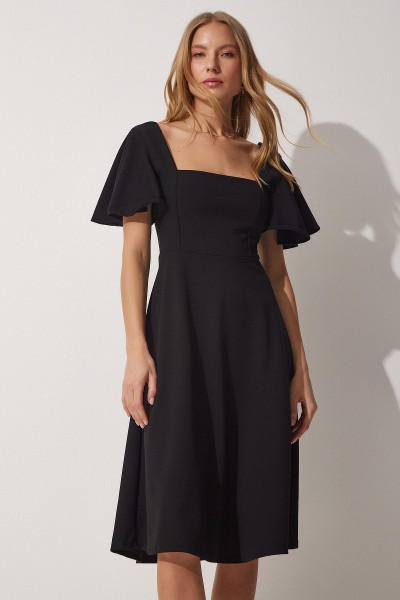 Volanlı Kol Kare Yaka Kloş Dokuma Elbise Volanlı Kol Kare Yaka Kloş Dokuma Elbise