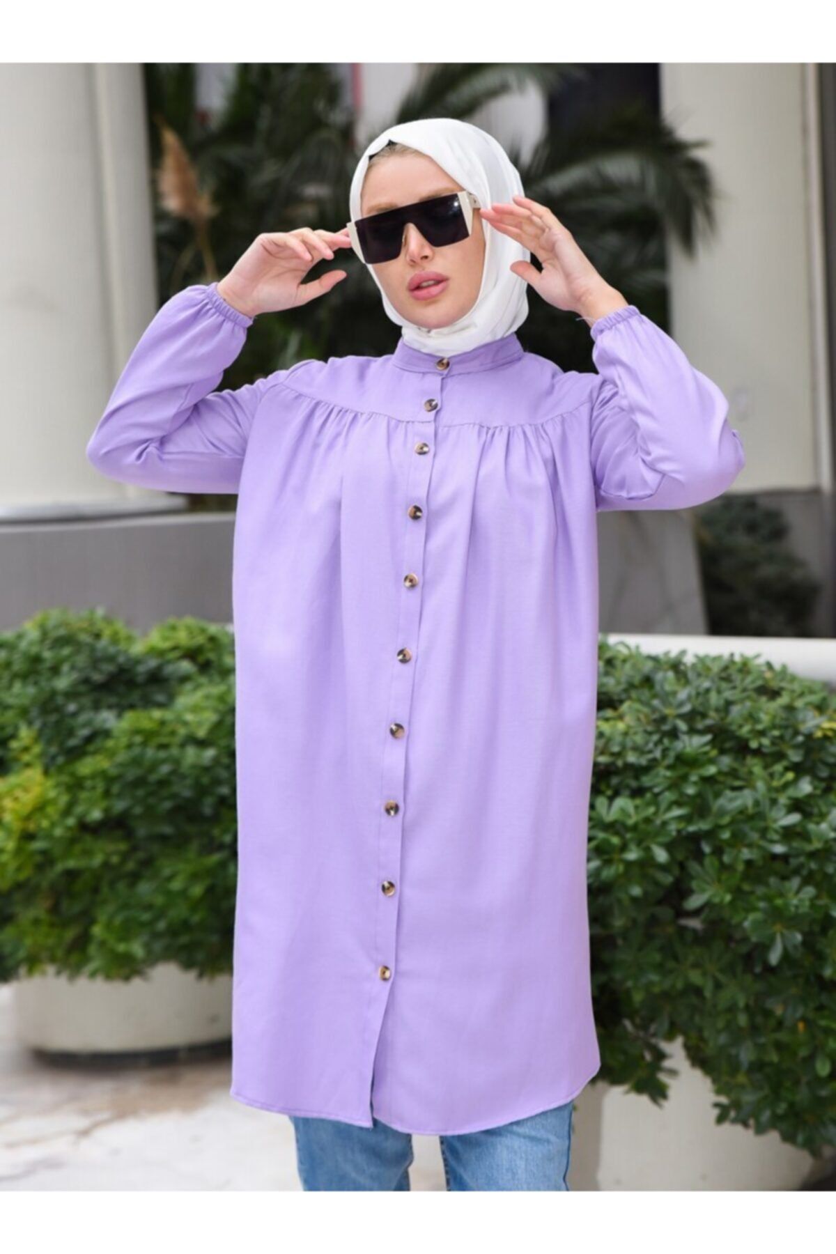 Lila Yandan Cepli Düğmeli Tunik Lila Yandan Cepli Düğmeli Tunik