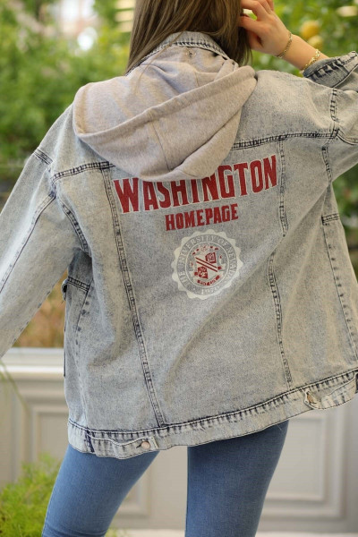 Washington Baskılı Kapişonlu Kot Ceket Washington Baskılı Kapişonlu Kot Ceket
