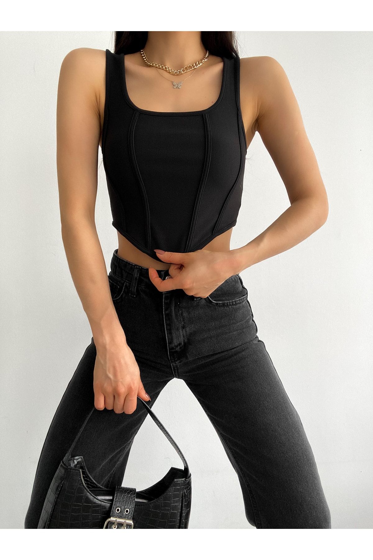 Siyah Kare Yaka Korse Görünümlü Fitilli Kadın Crop Bluz Siyah Kare Yaka Korse Görünümlü Fitilli Kadın Crop Bluz