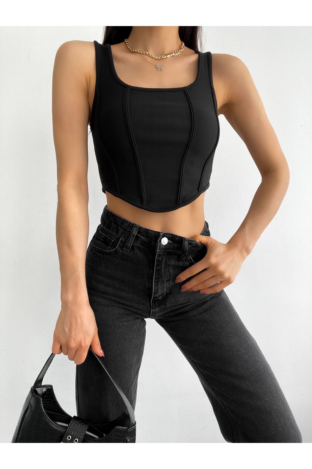 Siyah Kare Yaka Korse Görünümlü Fitilli Kadın Crop Bluz Siyah Kare Yaka Korse Görünümlü Fitilli Kadın Crop Bluz