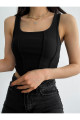 Siyah Kare Yaka Korse Görünümlü Fitilli Kadın Crop Bluz Siyah Kare Yaka Korse Görünümlü Fitilli Kadın Crop Bluz