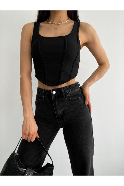 Siyah Kare Yaka Korse Görünümlü Fitilli Kadın Crop Bluz Siyah Kare Yaka Korse Görünümlü Fitilli Kadın Crop Bluz