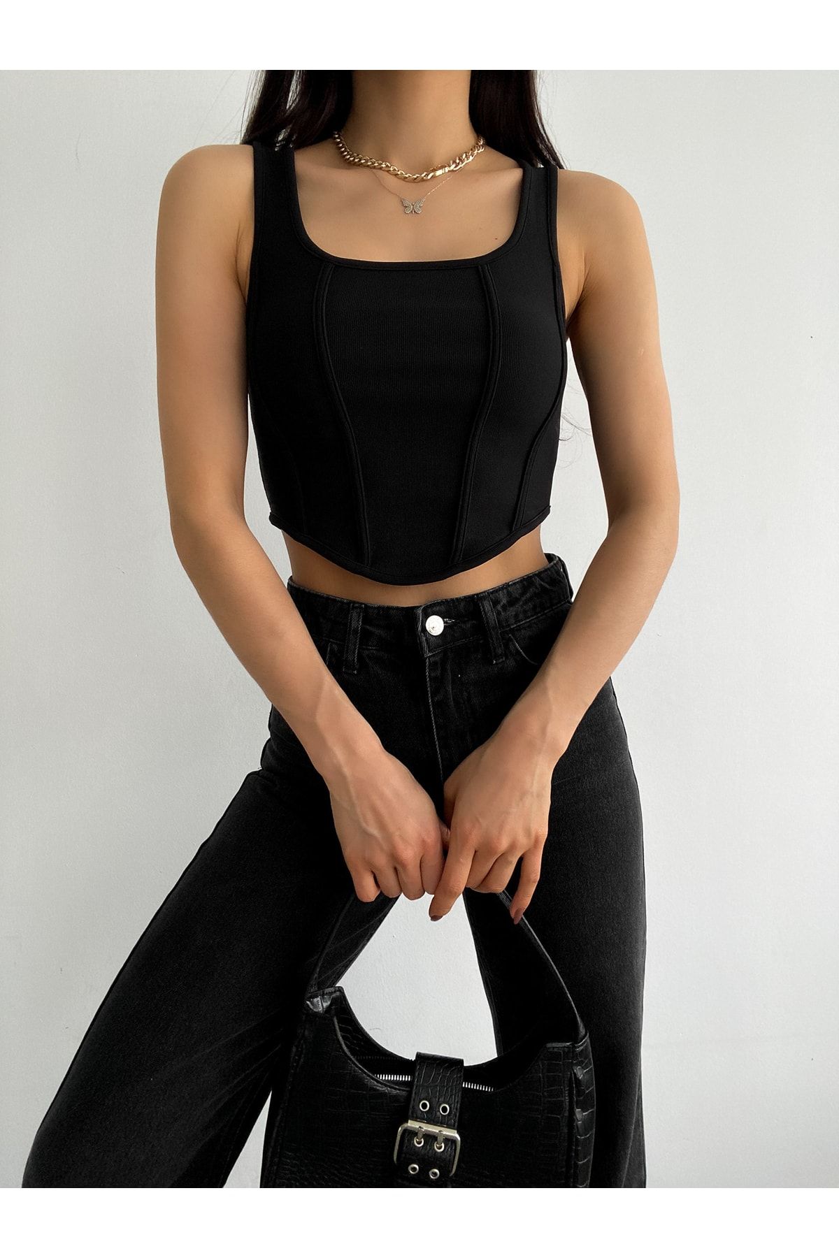 Siyah Kare Yaka Korse Görünümlü Fitilli Kadın Crop Bluz Siyah Kare Yaka Korse Görünümlü Fitilli Kadın Crop Bluz