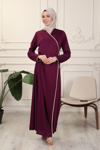 Mürdüm Kruvaze Yaka Biyeli Esnek Interlok Kumaş Namaz Elbisesi Mürdüm Kruvaze Yaka Biyeli Esnek Interlok Kumaş Namaz Elbisesi