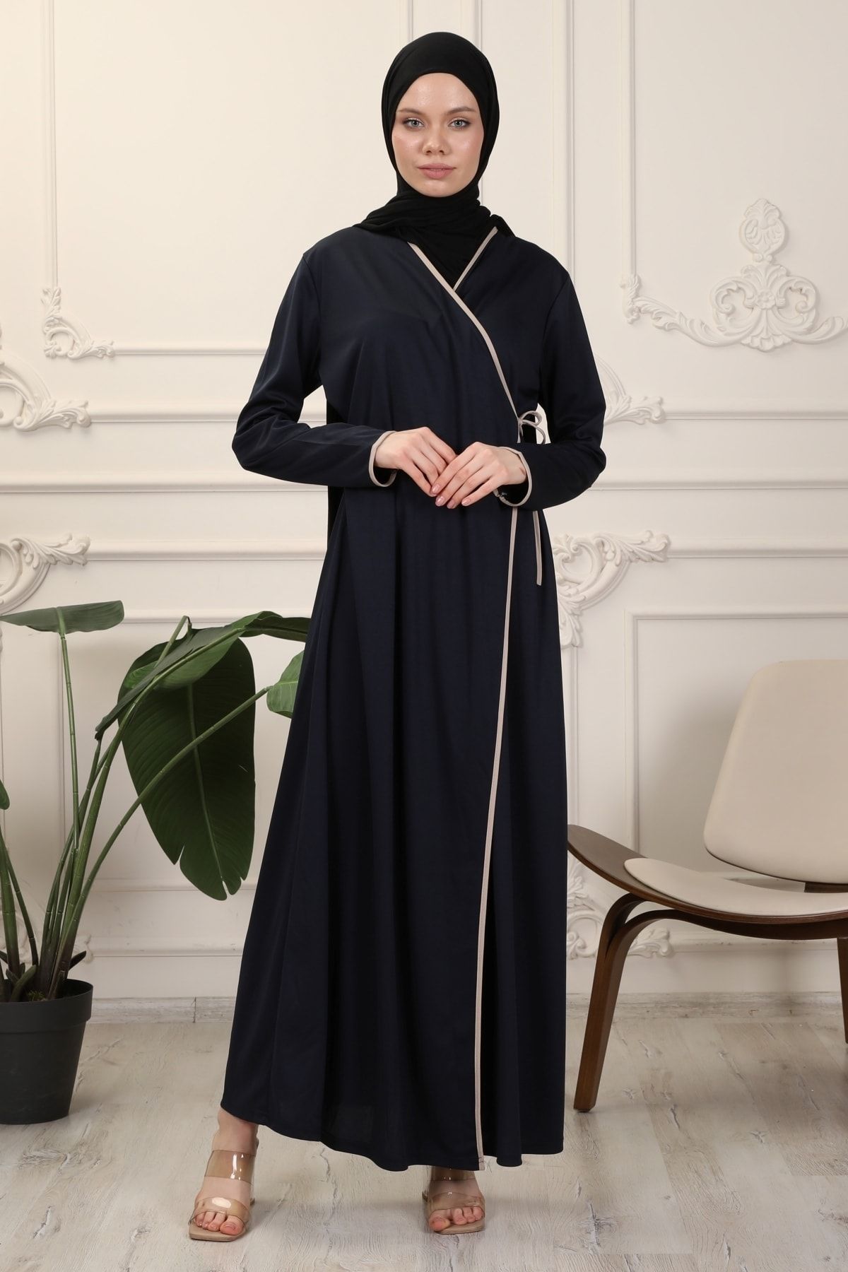 Lacivert Kruvaze Yaka Biyeli Esnek Interlok Kumaş Namaz Elbisesi