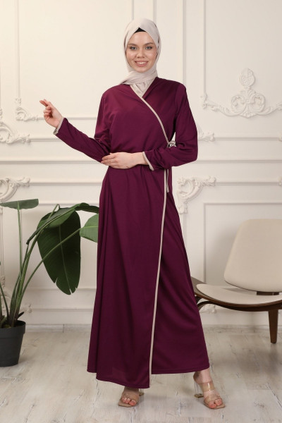 Mürdüm Kruvaze Yaka Biyeli Esnek Interlok Kumaş Namaz Elbisesi Mürdüm Kruvaze Yaka Biyeli Esnek Interlok Kumaş Namaz Elbisesi