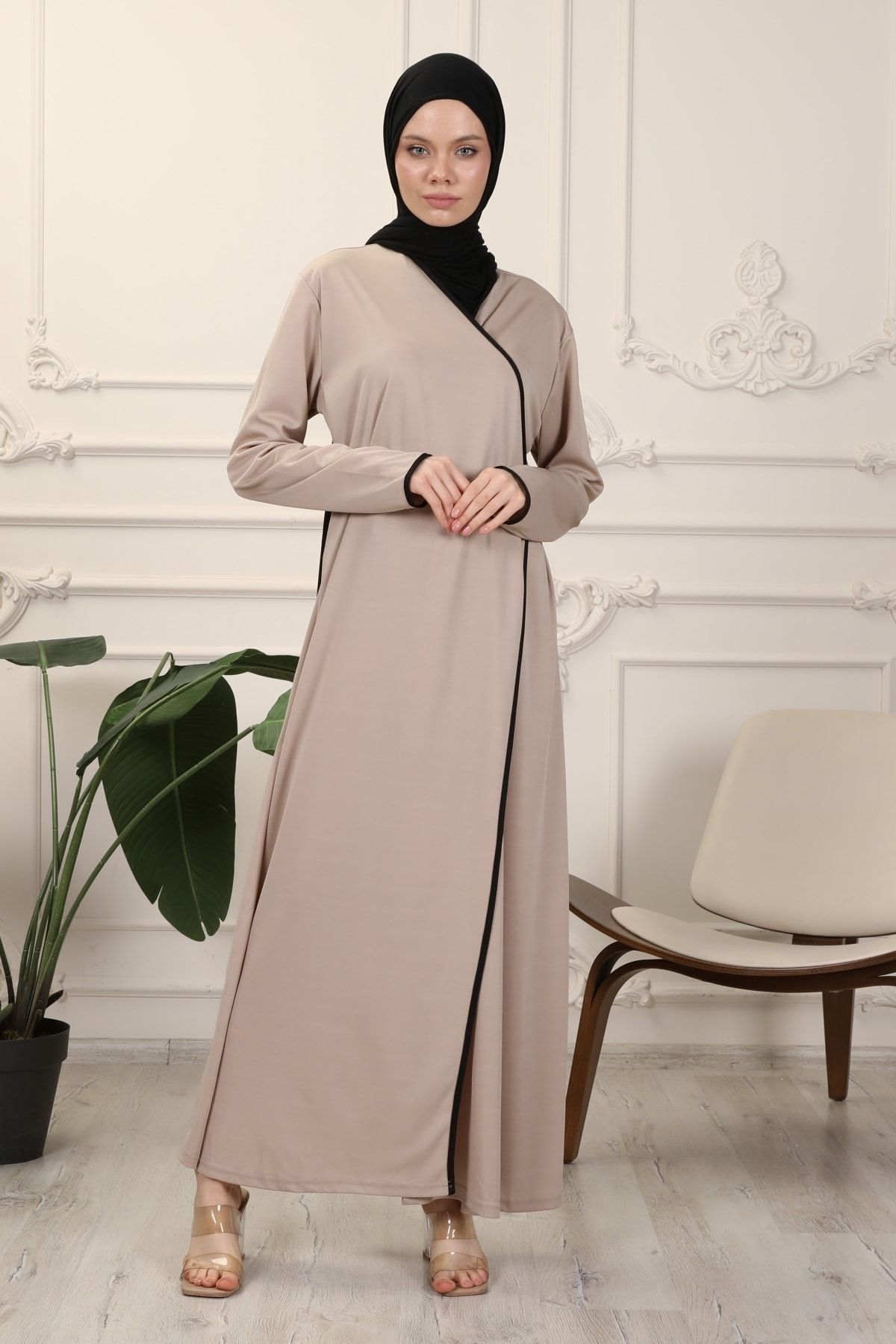 Vizon Kruvaze Yaka Biyeli Esnek Interlok Kumaş Namaz Elbisesi