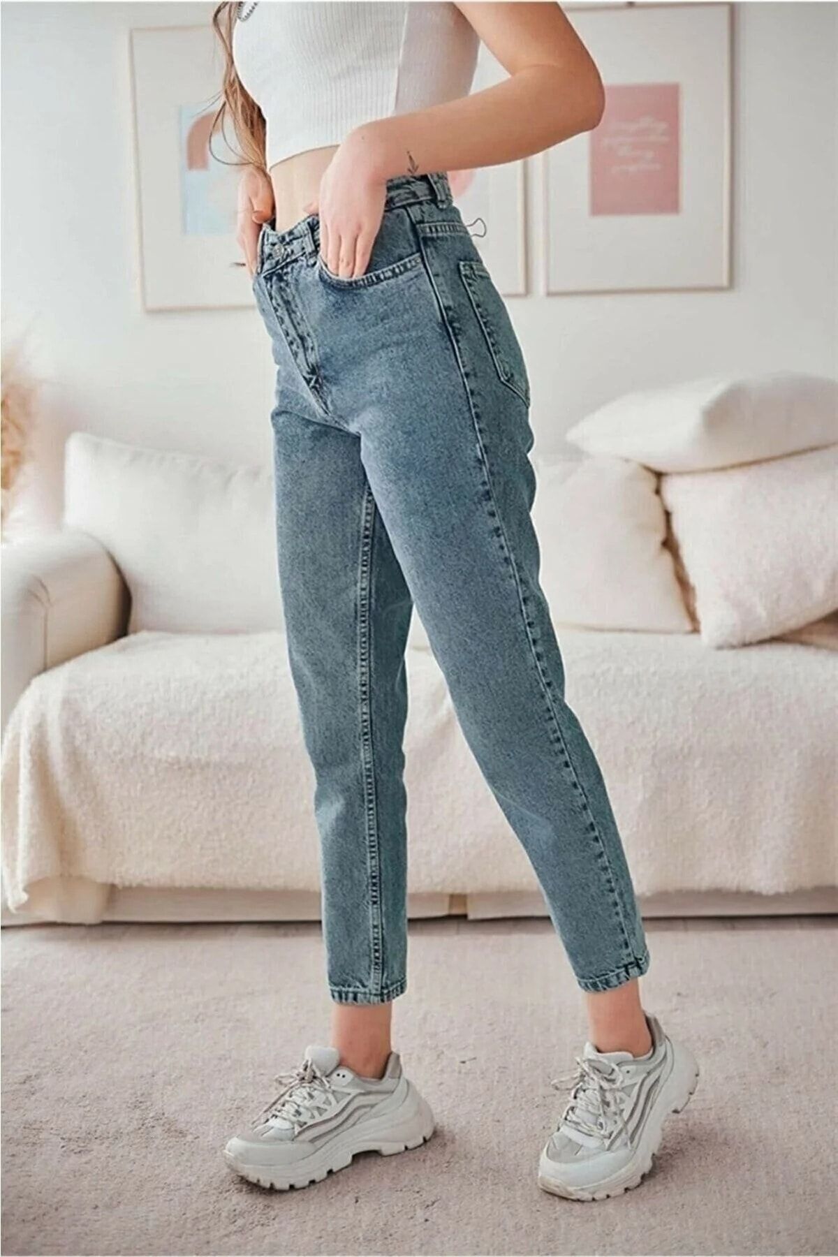 Kar Mavi Mom Jean Kadın Boyfriend Yüksek Bel Likralı Kot Pantolon Kar Mavi Mom Jean Kadın Boyfriend Yüksek Bel Likralı Kot Pantolon