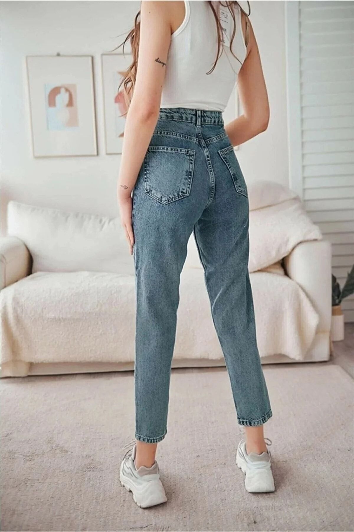 Kar Mavi Mom Jean Kadın Boyfriend Yüksek Bel Likralı Kot Pantolon Kar Mavi Mom Jean Kadın Boyfriend Yüksek Bel Likralı Kot Pantolon