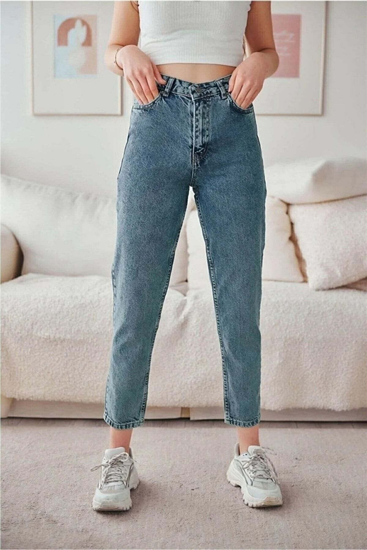 Kar Mavi Mom Jean Kadın Boyfriend Yüksek Bel Likralı Kot Pantolon Kar Mavi Mom Jean Kadın Boyfriend Yüksek Bel Likralı Kot Pantolon