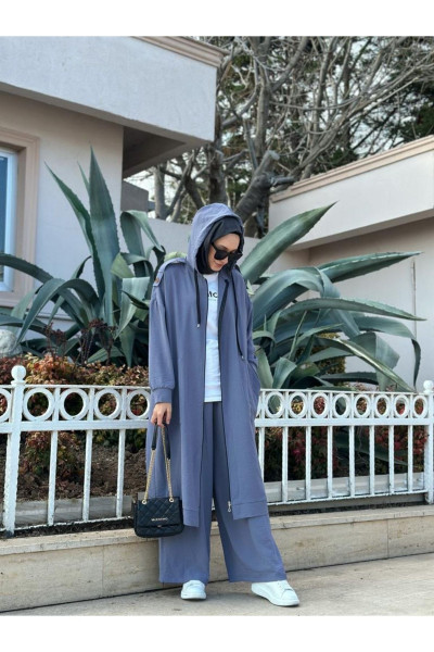 Tesettür Fermuarlı Kap, Pantolon Takım Gri Model-439