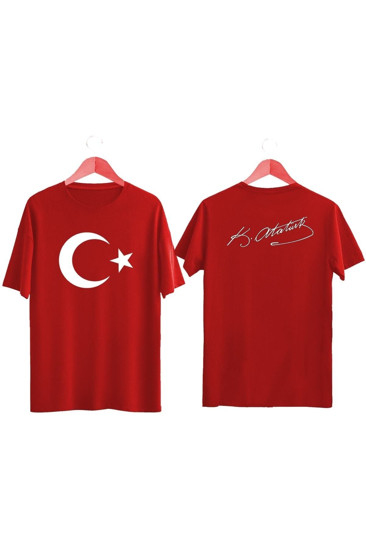 Unisex Türk Bayrağı Baskılı Atatürk Imzalı Tişört Ayyıldızlı T-shirt
