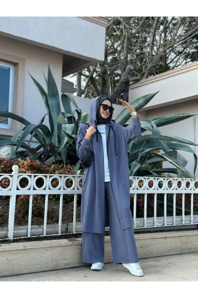 Tesettür Fermuarlı Kap, Pantolon Takım Gri Model-439