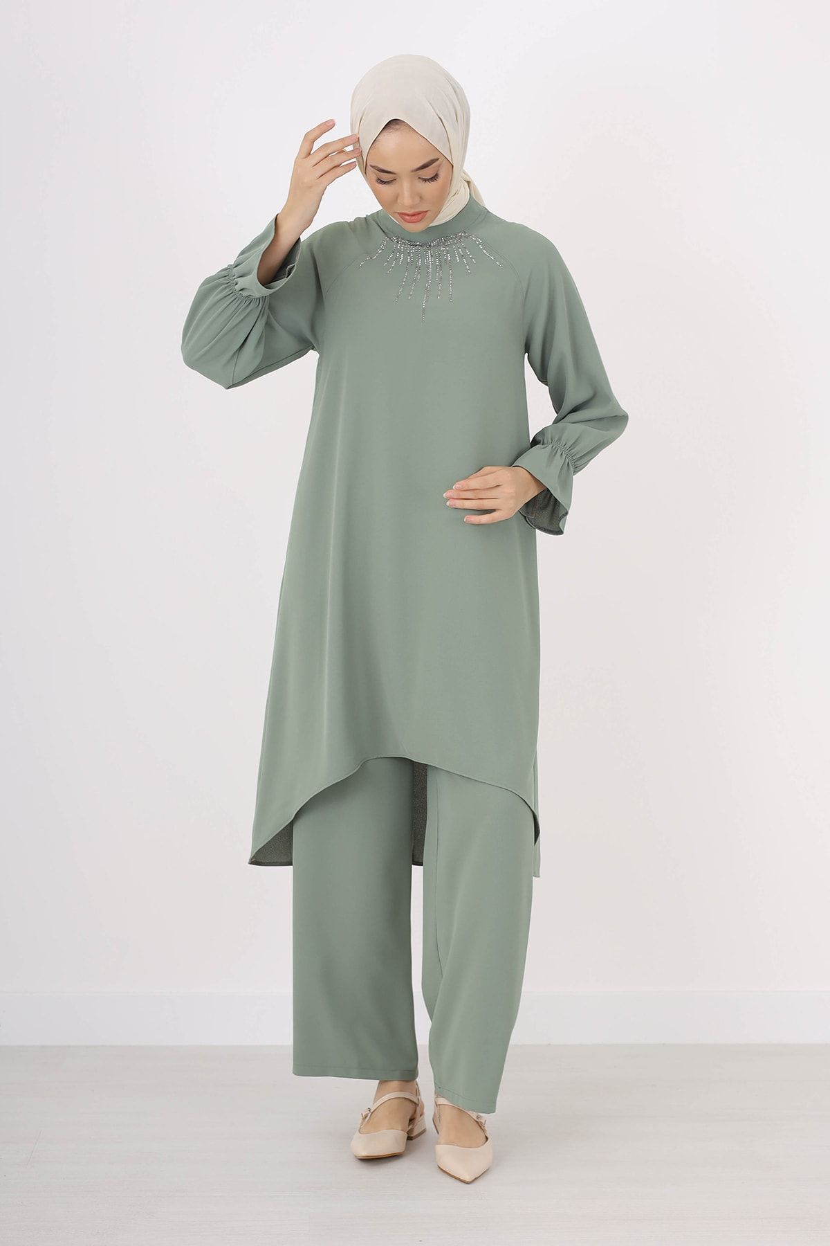 Krep Uzun Tunik-pantalon Takım Çağla 8110 Krep Uzun Tunik-pantalon Takım Çağla 8110