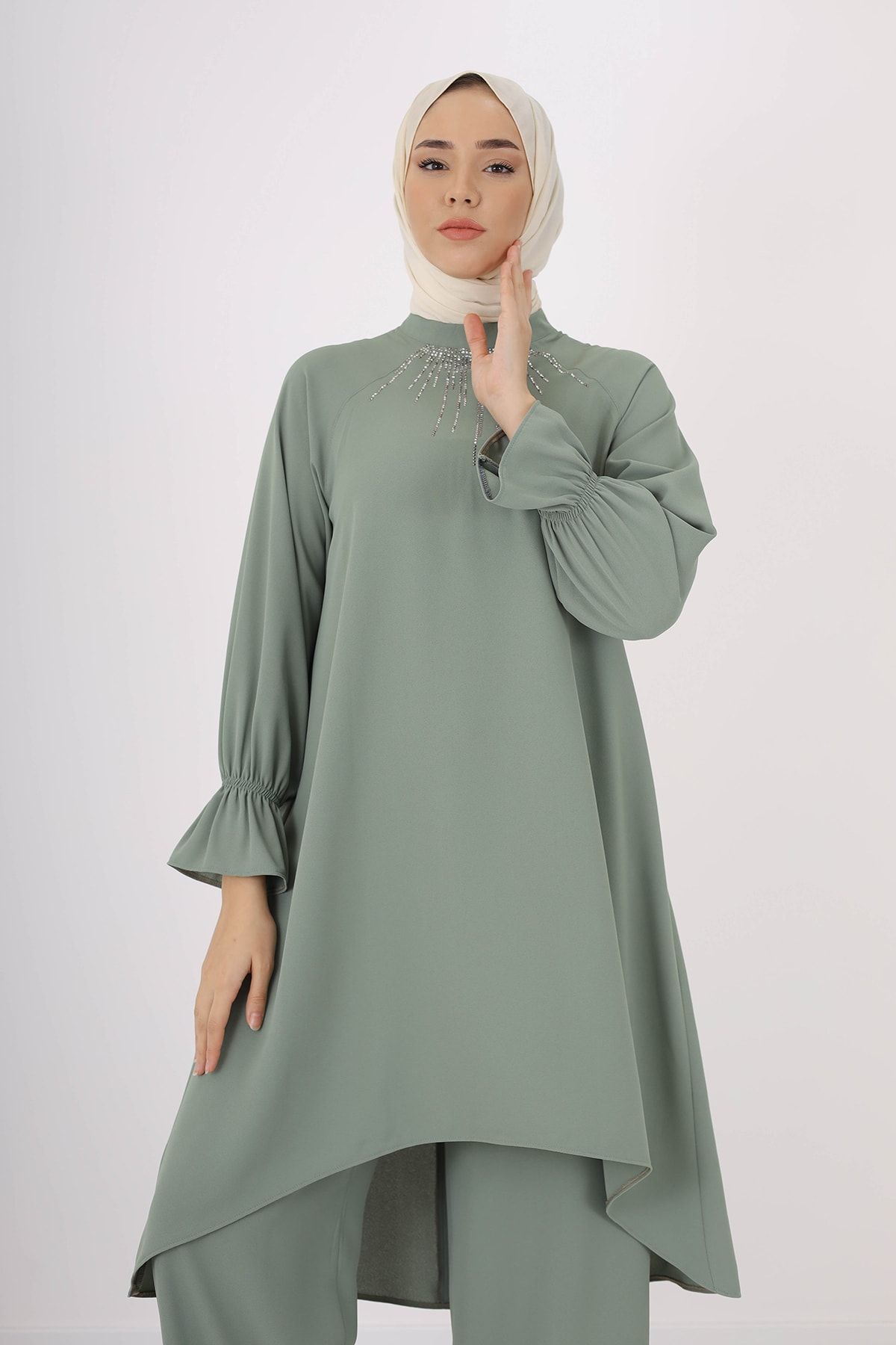 Krep Uzun Tunik-pantalon Takım Çağla 8110 Krep Uzun Tunik-pantalon Takım Çağla 8110