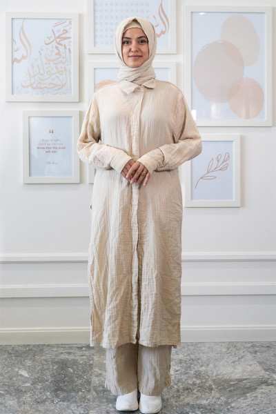 Ravi Müslin Kadın Hac & Umre Takım Bej