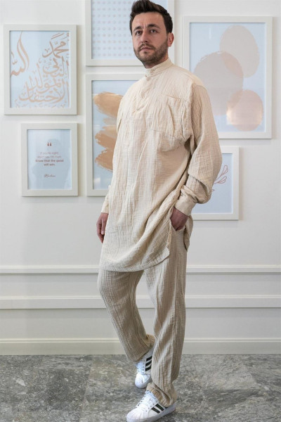 Ravi Müslin Erkek Hac & Umre Takım Bej