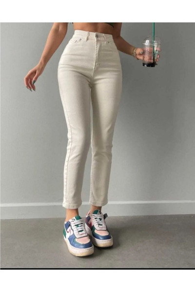 Krem Renk Mom Jean Pantalon