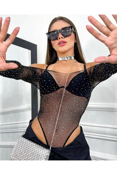 Kadın Siyah Parlak Elmas Taşlı Crop Işıltılı File Bluz Kadın Siyah Parlak Elmas Taşlı Crop Işıltılı File Bluz
