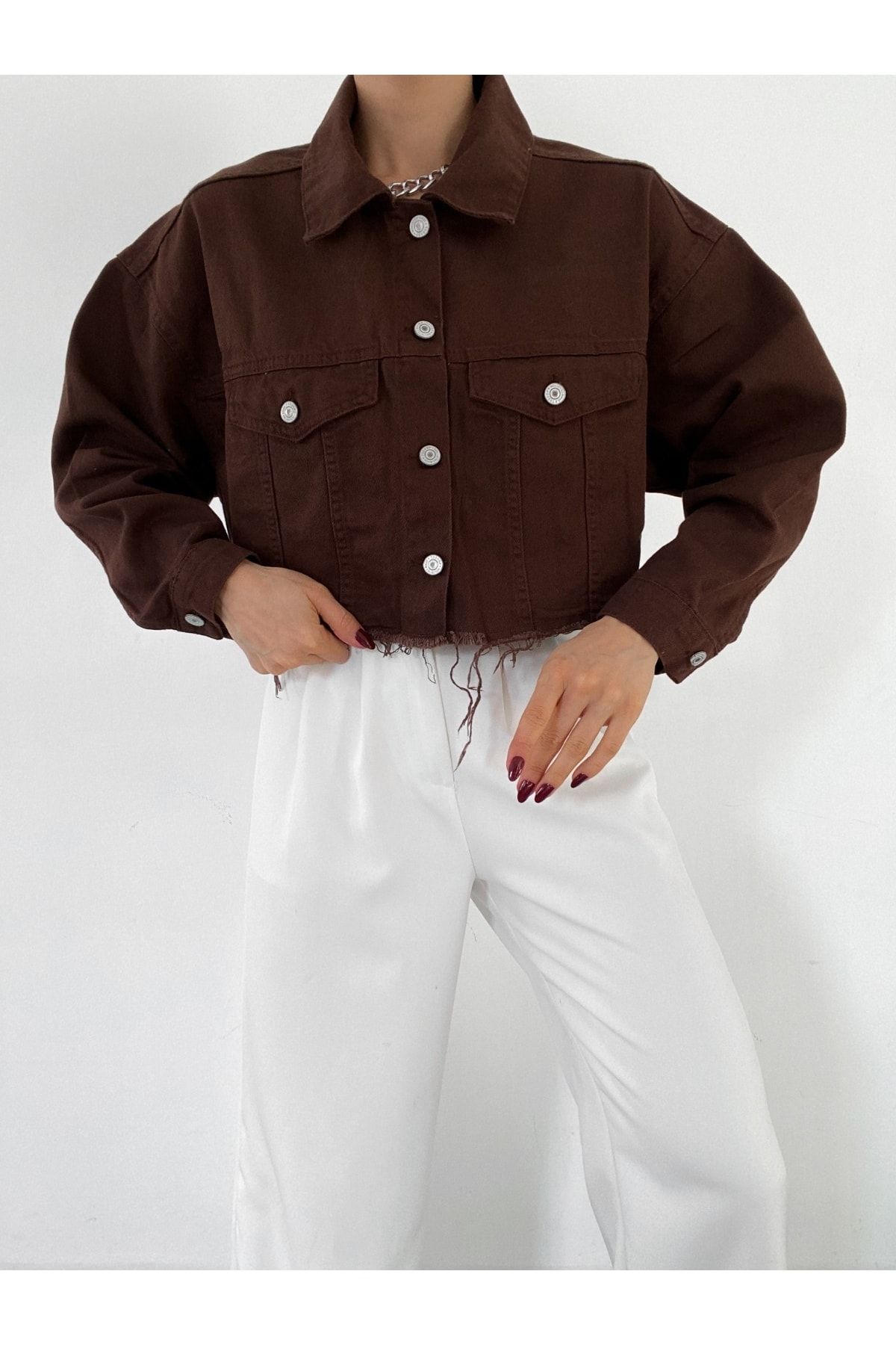 Trend Kahve Crop Kot Ceket Trend Kahve Crop Kot Ceket