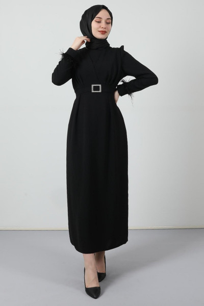Tüy Detay Tesettür Elbise Siyah Tüy Detay Tesettür Elbise Siyah