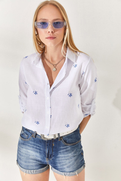 Minik Ekru Lacivert Kol Katlamalı Keten Gömlek GML-19000825