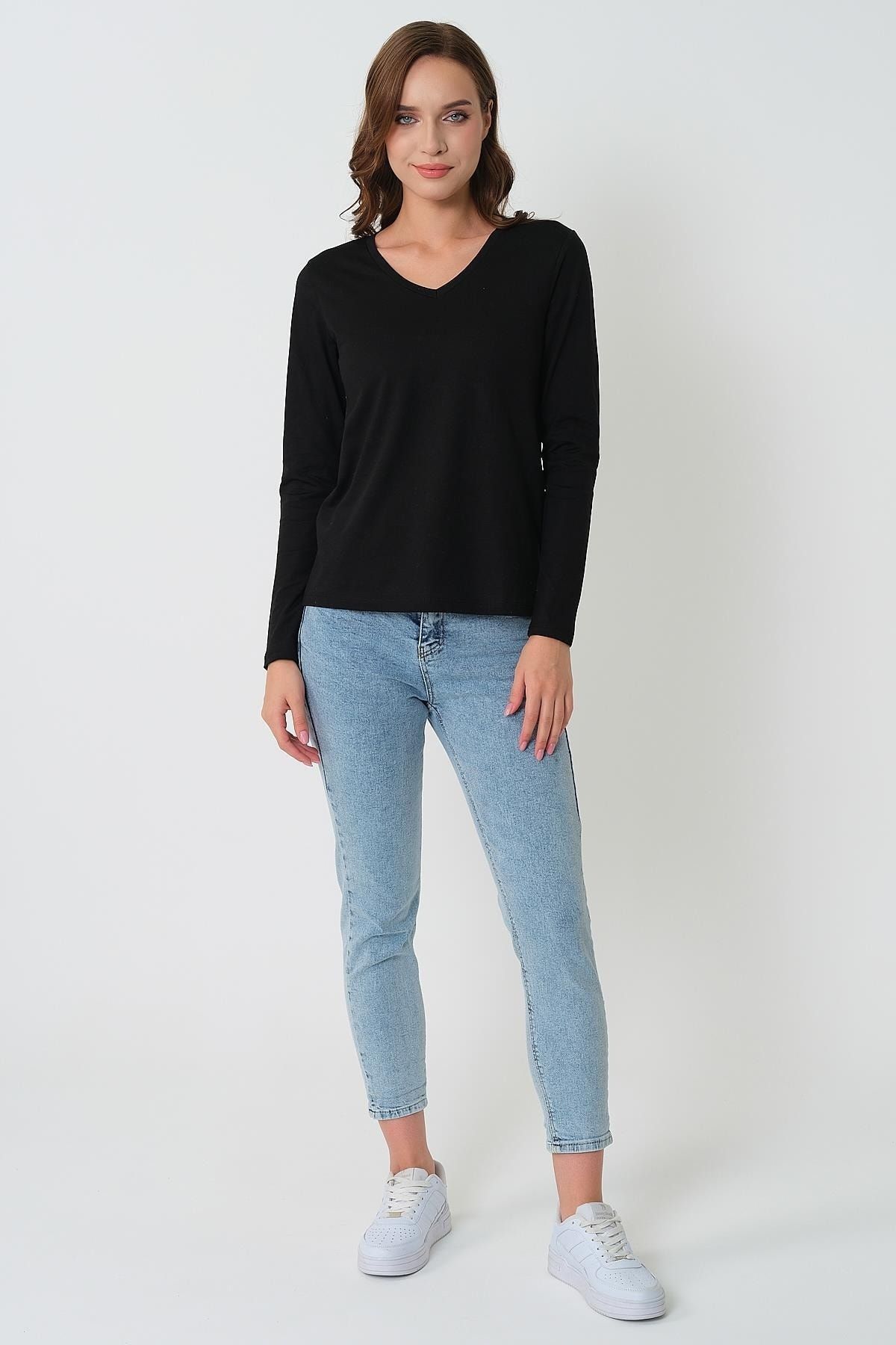 Kadın Uzun Kollu V Yaka Basic Pamuklu Örme T-shirt Kadın Uzun Kollu V Yaka Basic Pamuklu Örme T-shirt
