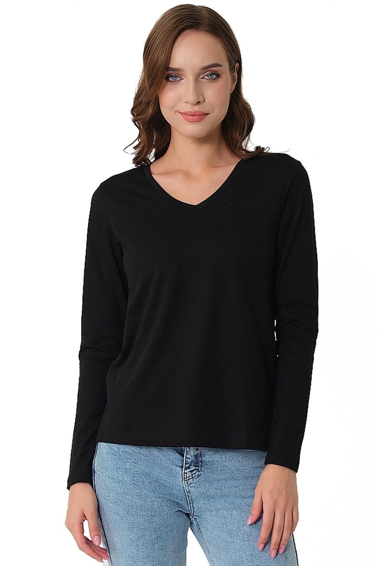 Kadın Uzun Kollu V Yaka Basic Pamuklu Örme T-shirt Kadın Uzun Kollu V Yaka Basic Pamuklu Örme T-shirt